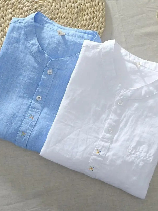 New Linen T-shirt for Men Short-sleeved Loose Stand-up Collar Cotton (Pack of 2)